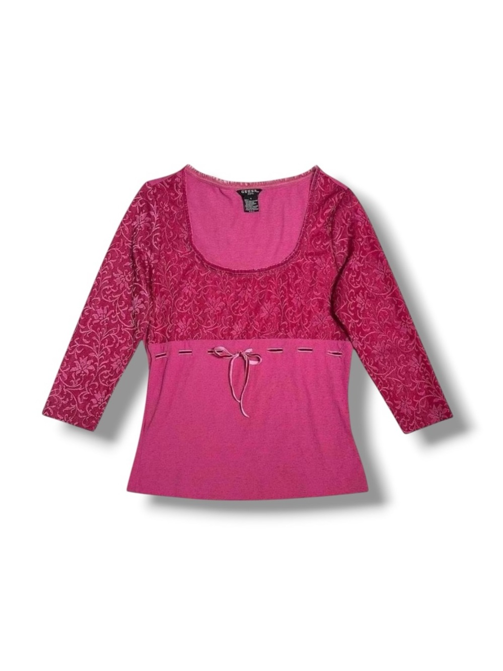 Guess 2000s Magenta Pink Empire Waist Milkmaid Top Lg 3/4 Sleeve Ribbon Ruffles